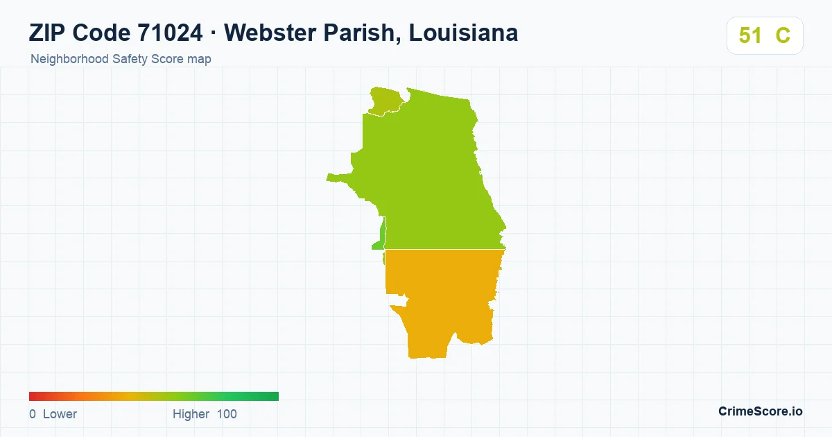 ZIP Code 71024 in Webster Parish, Louisiana neighborhood Safety Score map