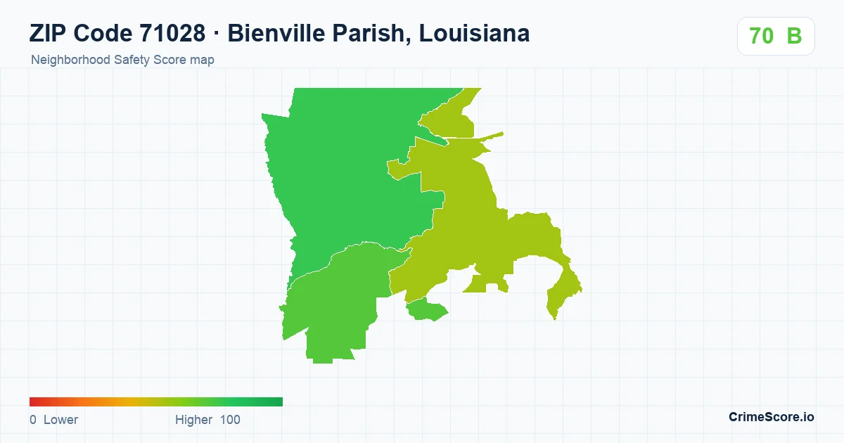 ZIP Code 71028 in Bienville Parish, Louisiana neighborhood Safety Score map