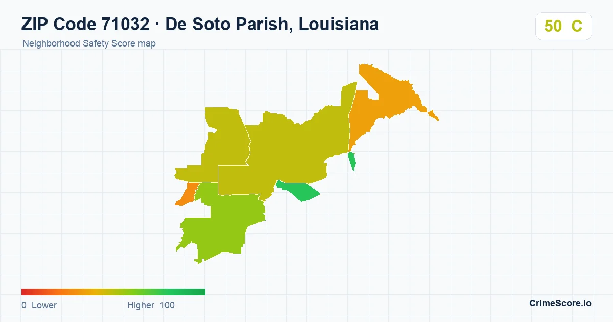 ZIP Code 71032 in De Soto Parish, Louisiana neighborhood Safety Score map
