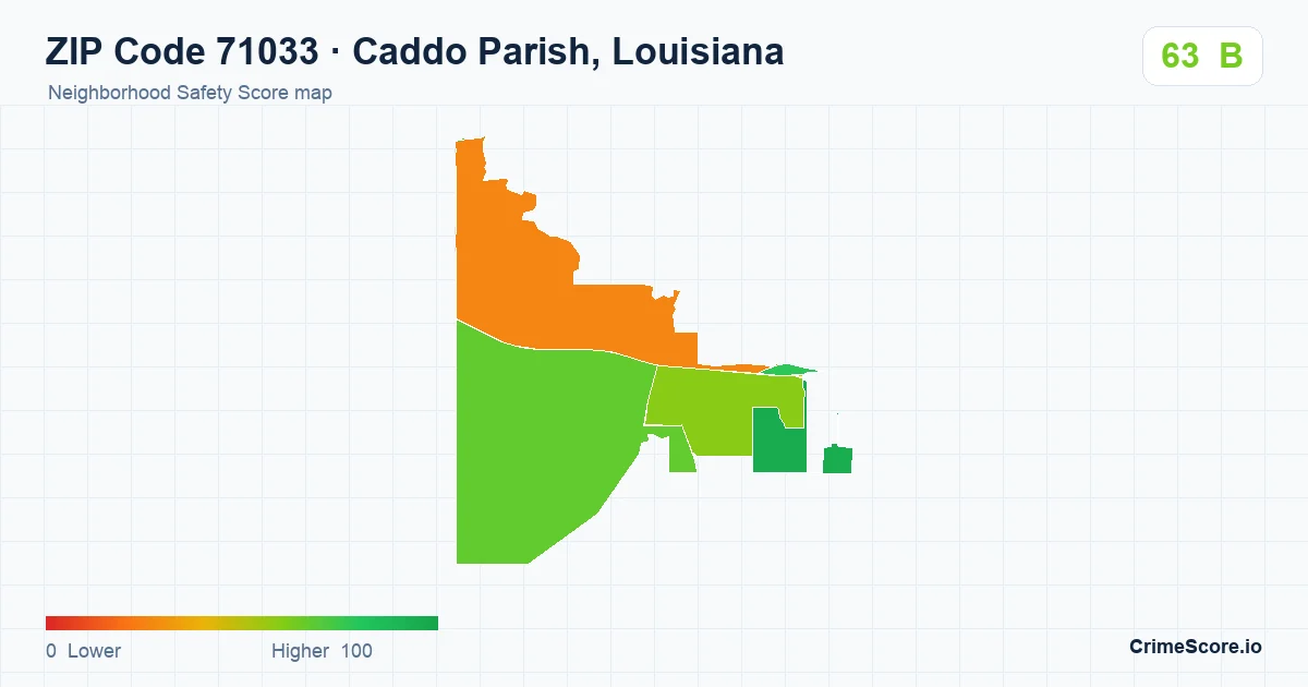 ZIP Code 71033 in Caddo Parish, Louisiana neighborhood Safety Score map