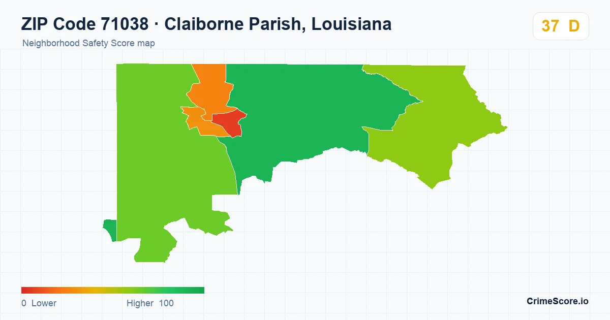 ZIP Code 71038 in Claiborne Parish, Louisiana neighborhood Safety Score map