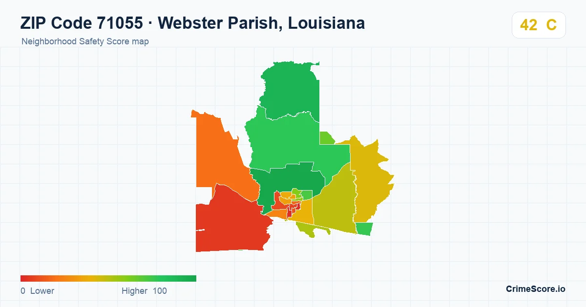 ZIP Code 71055 in Webster Parish, Louisiana neighborhood Safety Score map
