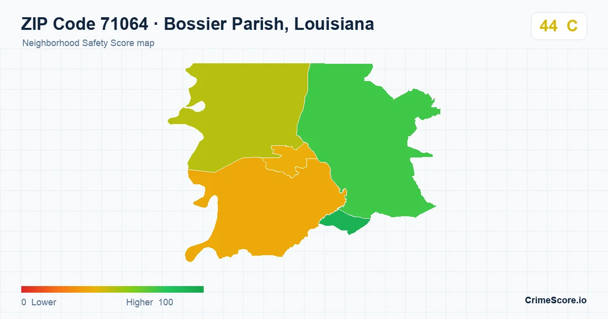ZIP Code 71064 in Bossier Parish, Louisiana neighborhood Safety Score map