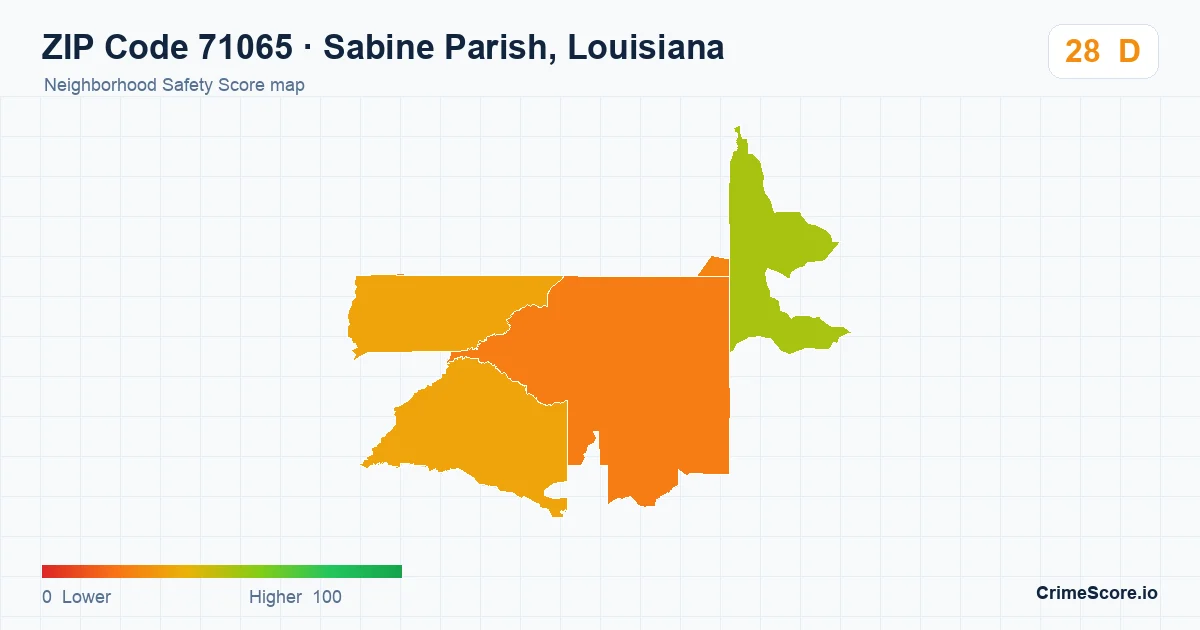 ZIP Code 71065 in Sabine Parish, Louisiana neighborhood Safety Score map