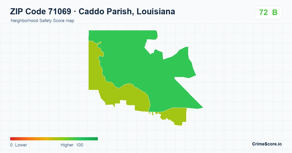 ZIP Code 71069 in Caddo Parish, Louisiana neighborhood Safety Score map