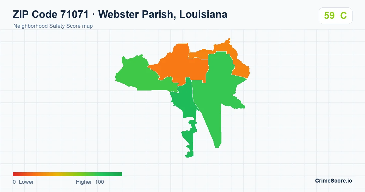 ZIP Code 71071 in Webster Parish, Louisiana neighborhood Safety Score map