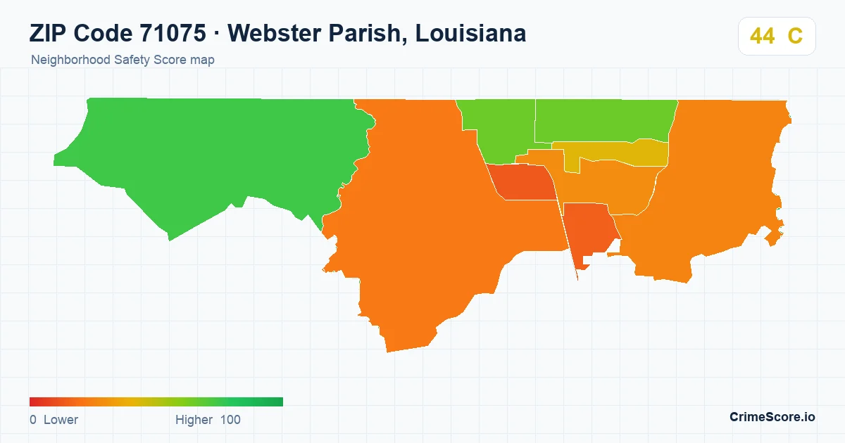 ZIP Code 71075 in Webster Parish, Louisiana neighborhood Safety Score map