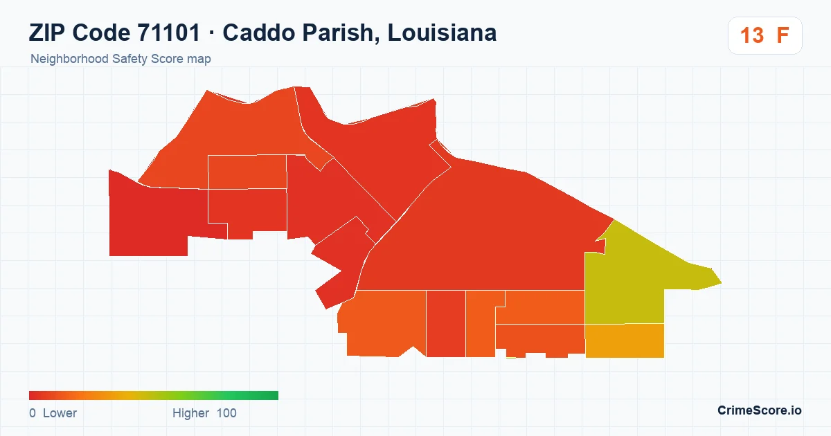 ZIP Code 71101 in Caddo Parish, Louisiana neighborhood Safety Score map