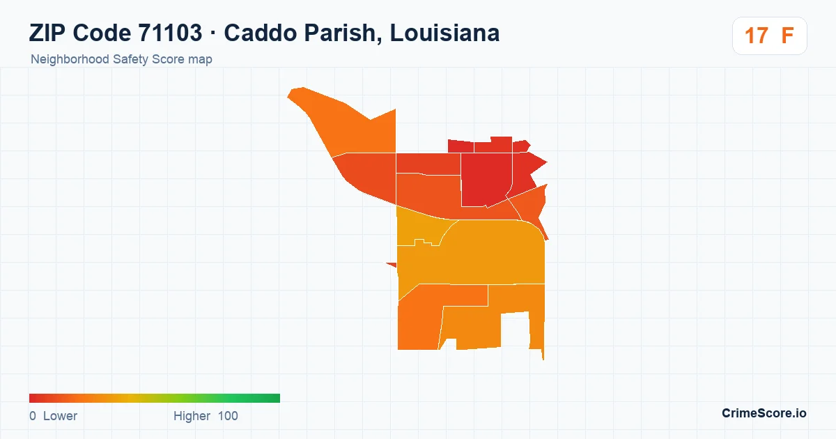 ZIP Code 71103 in Caddo Parish, Louisiana neighborhood Safety Score map
