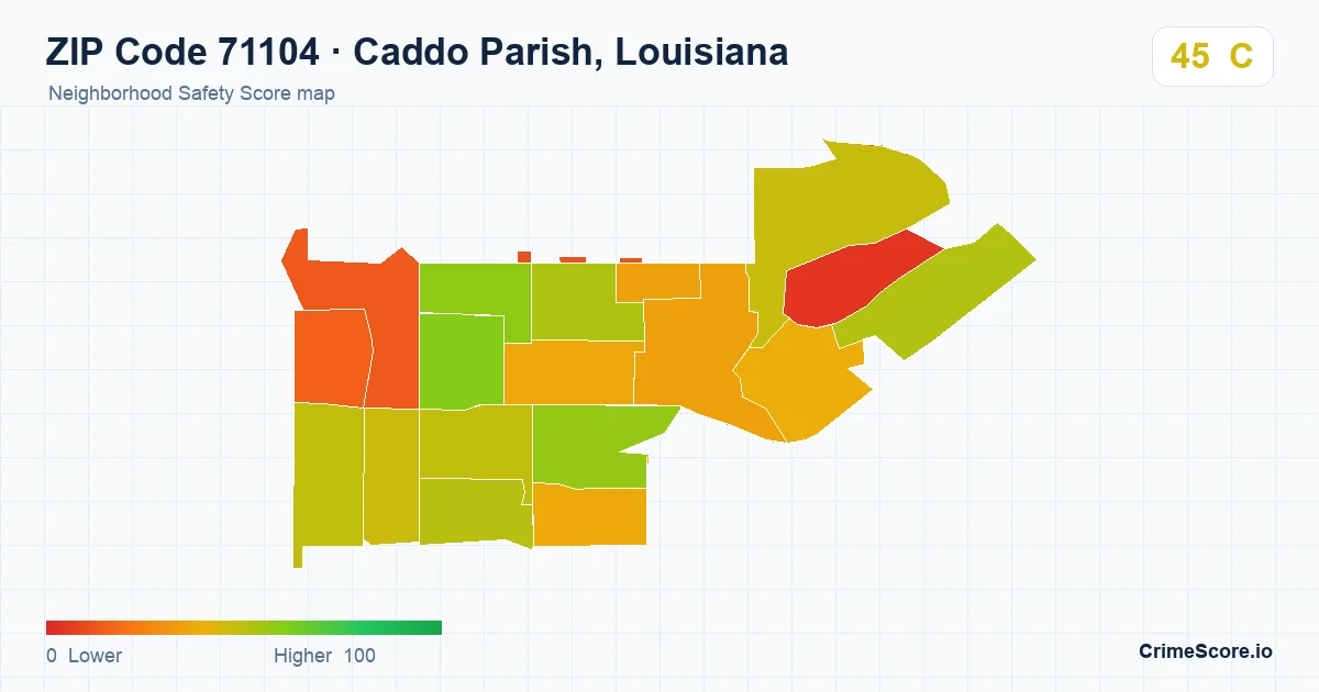 ZIP Code 71104 in Caddo Parish, Louisiana neighborhood Safety Score map