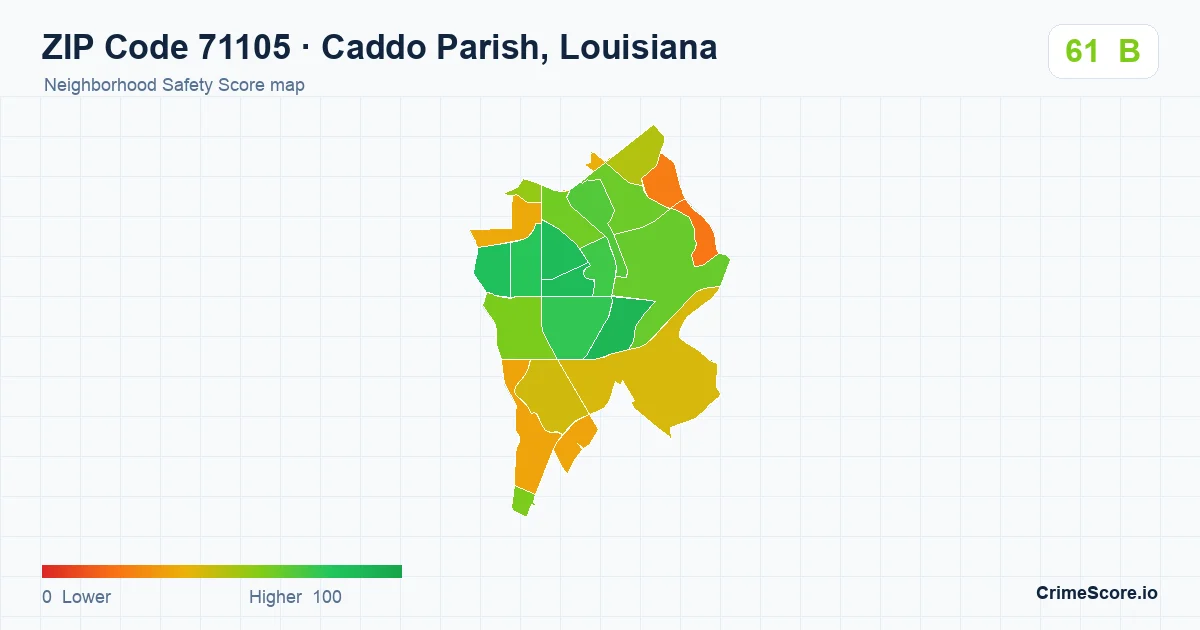 ZIP Code 71105 in Caddo Parish, Louisiana neighborhood Safety Score map