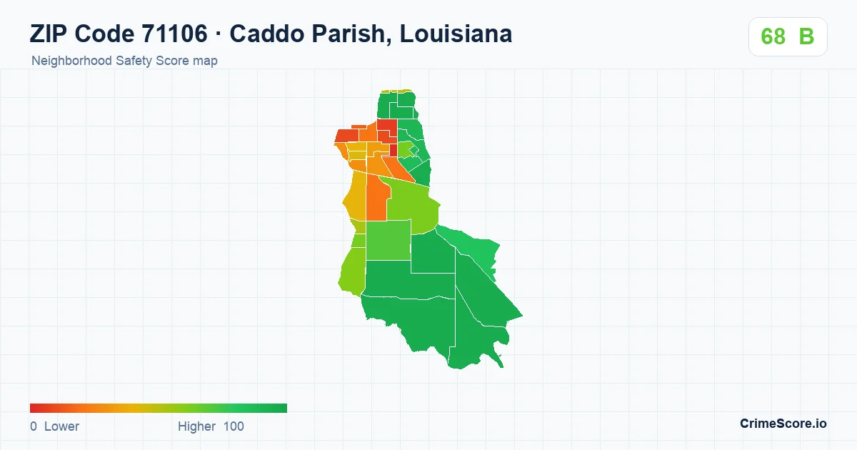 ZIP Code 71106 in Caddo Parish, Louisiana neighborhood Safety Score map