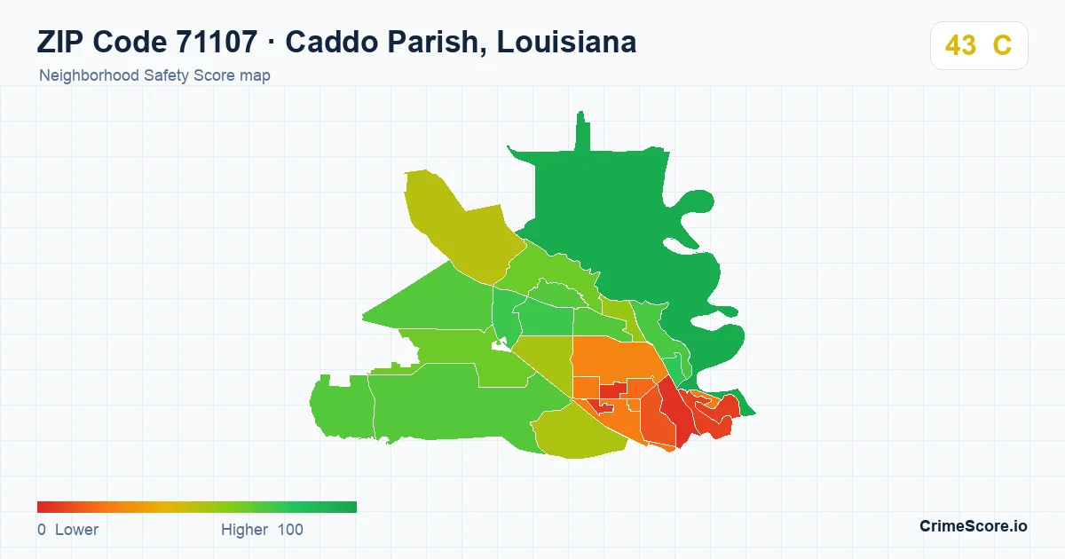 ZIP Code 71107 in Caddo Parish, Louisiana neighborhood Safety Score map
