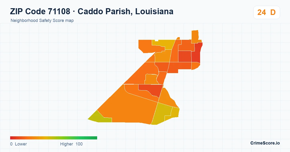 ZIP Code 71108 in Caddo Parish, Louisiana neighborhood Safety Score map
