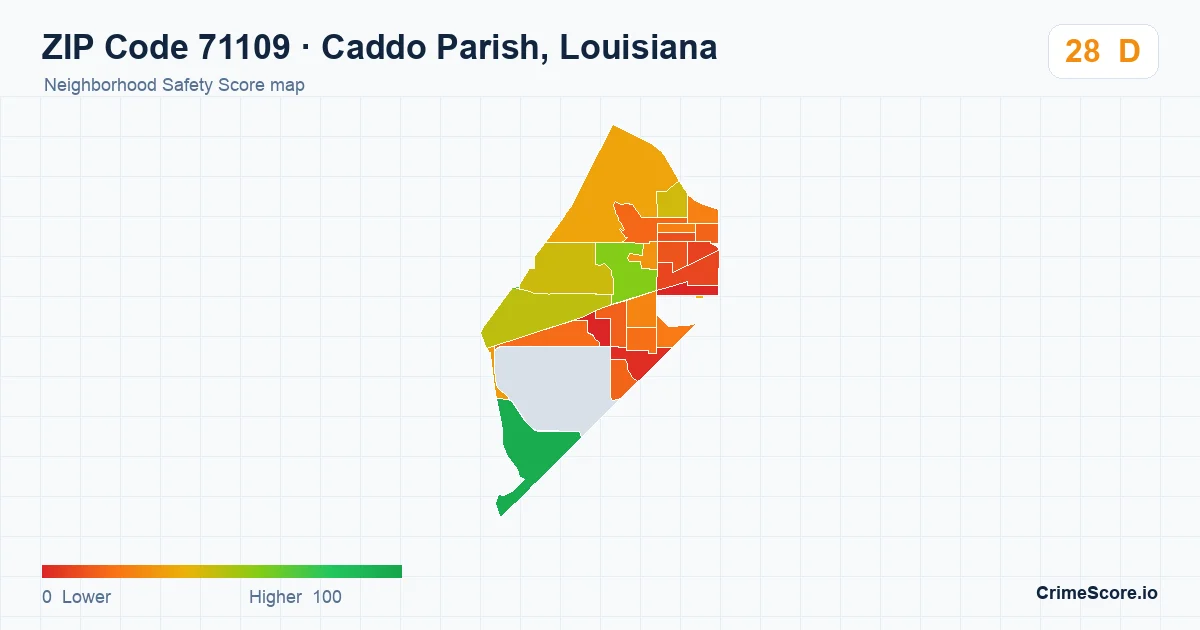 ZIP Code 71109 in Caddo Parish, Louisiana neighborhood Safety Score map