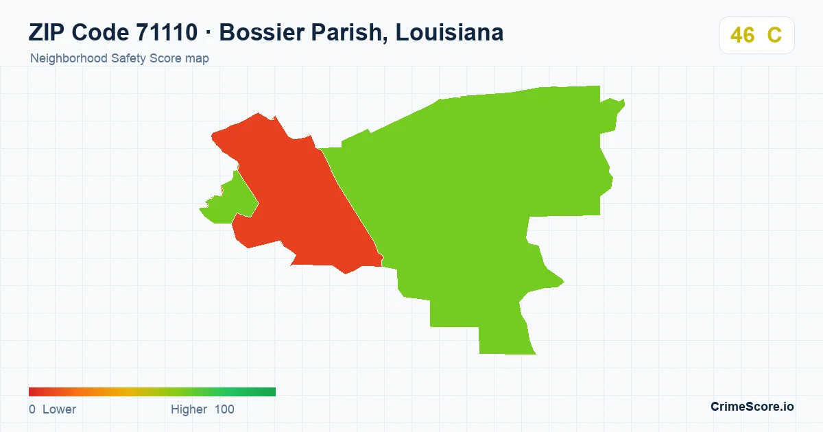 ZIP Code 71110 in Bossier Parish, Louisiana neighborhood Safety Score map