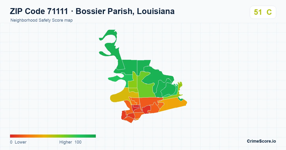 ZIP Code 71111 in Bossier Parish, Louisiana neighborhood Safety Score map