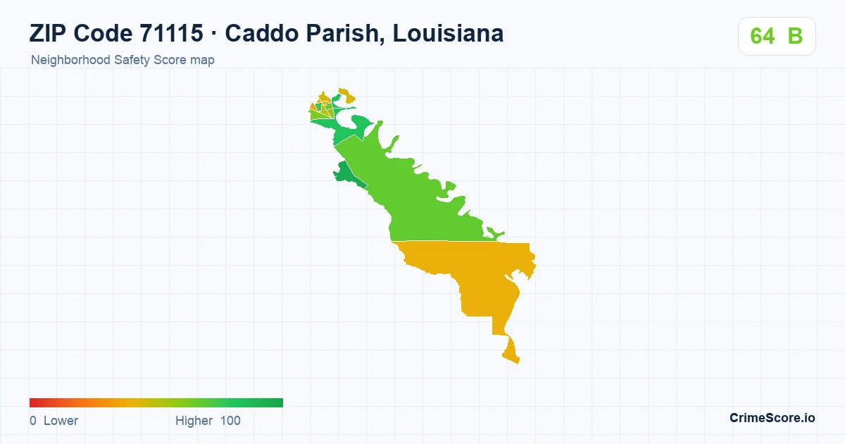 ZIP Code 71115 in Caddo Parish, Louisiana neighborhood Safety Score map
