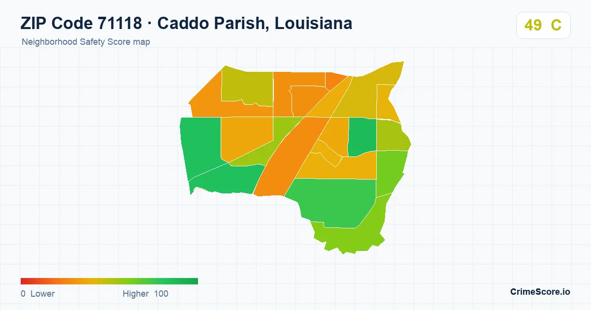 ZIP Code 71118 in Caddo Parish, Louisiana neighborhood Safety Score map