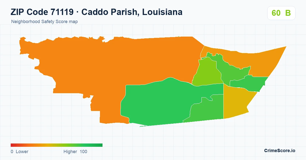 ZIP Code 71119 in Caddo Parish, Louisiana neighborhood Safety Score map