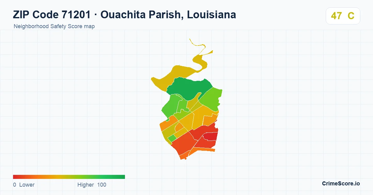 ZIP Code 71201 in Ouachita Parish, Louisiana neighborhood Safety Score map