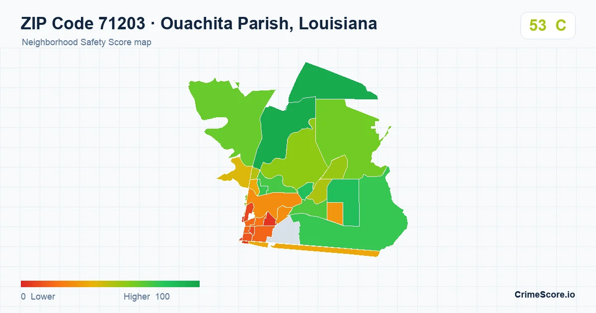 ZIP Code 71203 in Ouachita Parish, Louisiana neighborhood Safety Score map