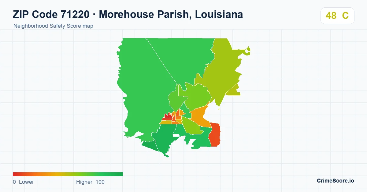 ZIP Code 71220 in Morehouse Parish, Louisiana neighborhood Safety Score map