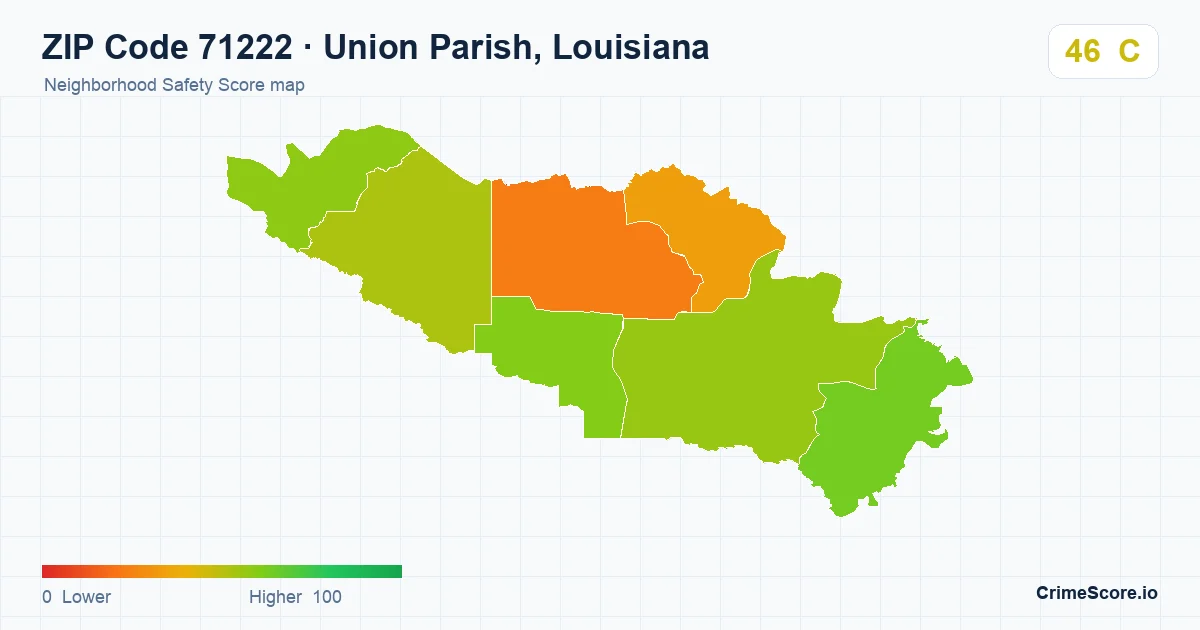 ZIP Code 71222 in Union Parish, Louisiana neighborhood Safety Score map