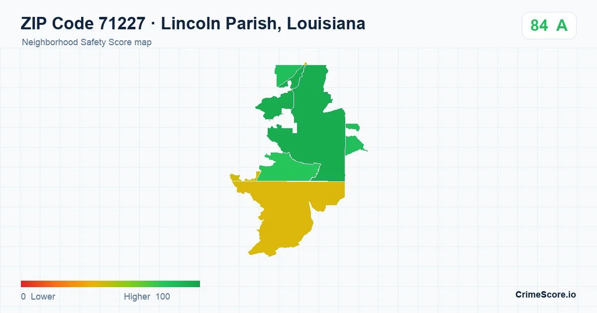 ZIP Code 71227 in Lincoln Parish, Louisiana neighborhood Safety Score map