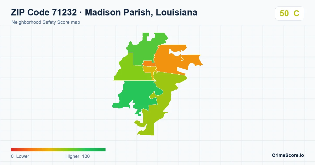ZIP Code 71232 in Madison Parish, Louisiana neighborhood Safety Score map