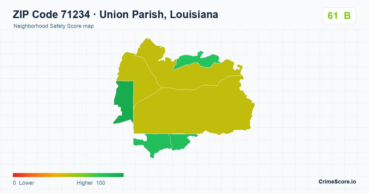 ZIP Code 71234 in Union Parish, Louisiana neighborhood Safety Score map