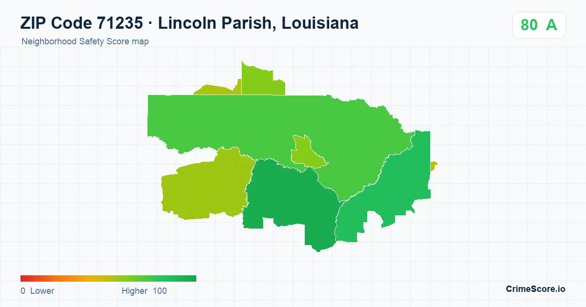 ZIP Code 71235 in Lincoln Parish, Louisiana neighborhood Safety Score map