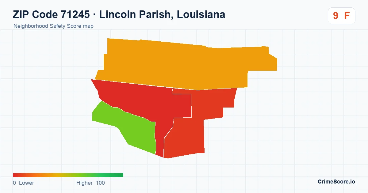 ZIP Code 71245 in Lincoln Parish, Louisiana neighborhood Safety Score map