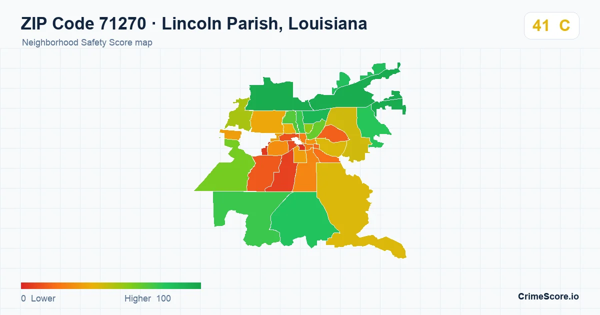 ZIP Code 71270 in Lincoln Parish, Louisiana neighborhood Safety Score map