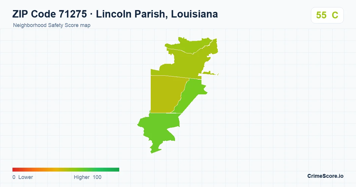 ZIP Code 71275 in Lincoln Parish, Louisiana neighborhood Safety Score map