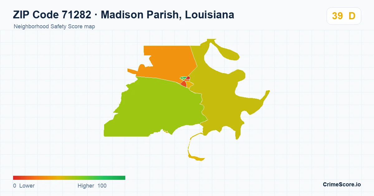 ZIP Code 71282 in Madison Parish, Louisiana neighborhood Safety Score map