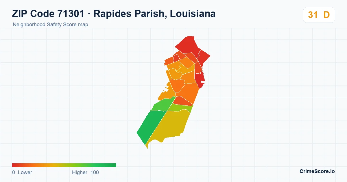 ZIP Code 71301 in Rapides Parish, Louisiana neighborhood Safety Score map