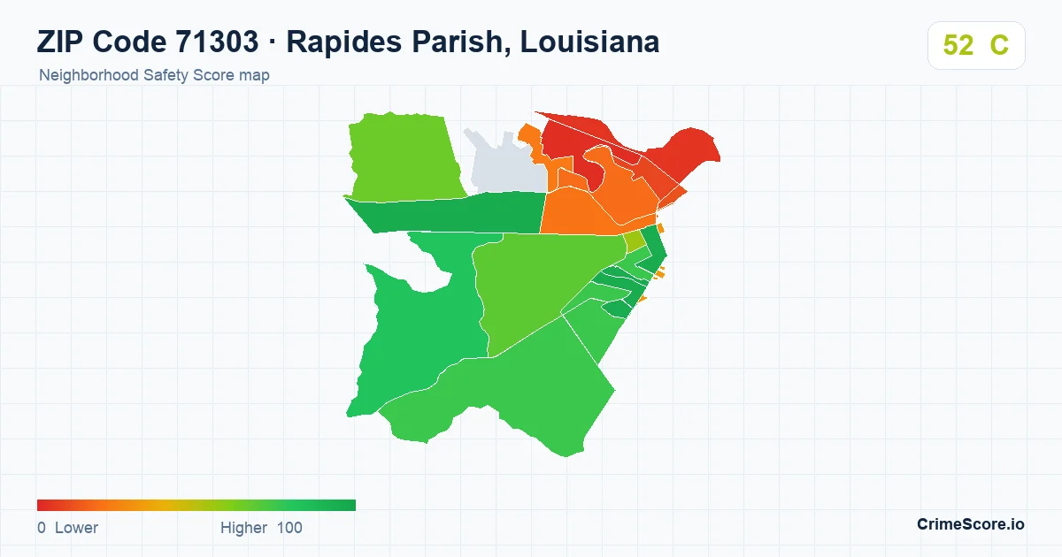 ZIP Code 71303 in Rapides Parish, Louisiana neighborhood Safety Score map