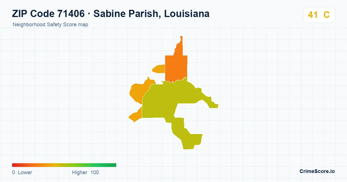 ZIP Code 71406 in Sabine Parish, Louisiana neighborhood Safety Score map