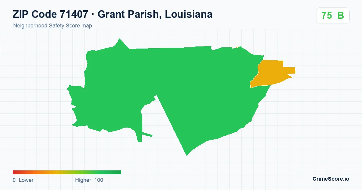ZIP Code 71407 in Grant Parish, Louisiana neighborhood Safety Score map