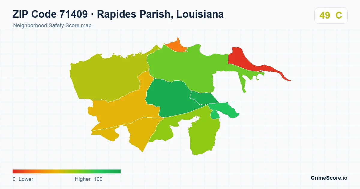 ZIP Code 71409 in Rapides Parish, Louisiana neighborhood Safety Score map