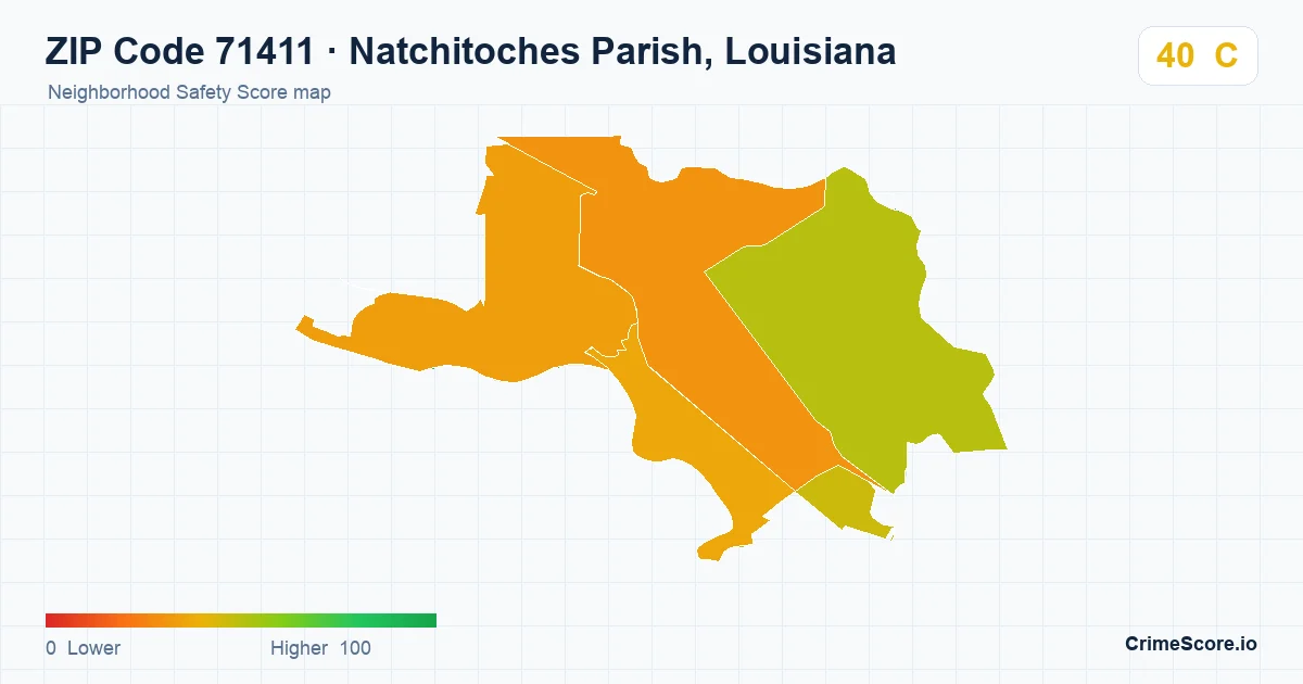 ZIP Code 71411 in Natchitoches Parish, Louisiana neighborhood Safety Score map