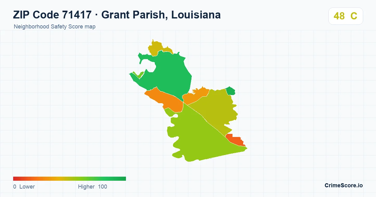 ZIP Code 71417 in Grant Parish, Louisiana neighborhood Safety Score map