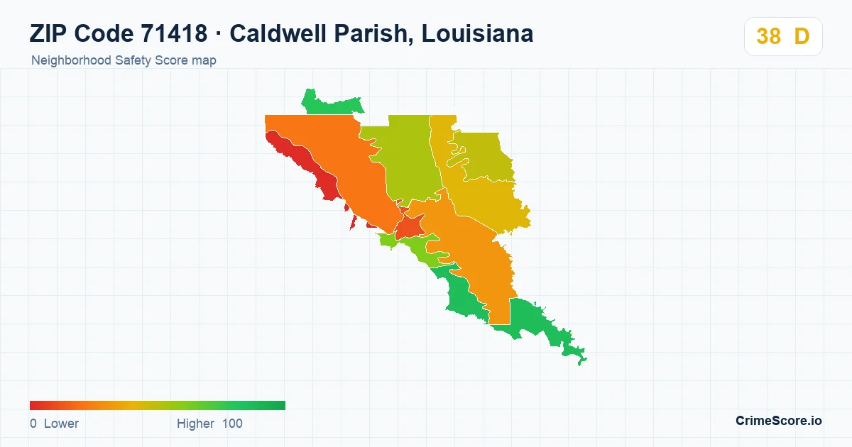 ZIP Code 71418 in Caldwell Parish, Louisiana neighborhood Safety Score map