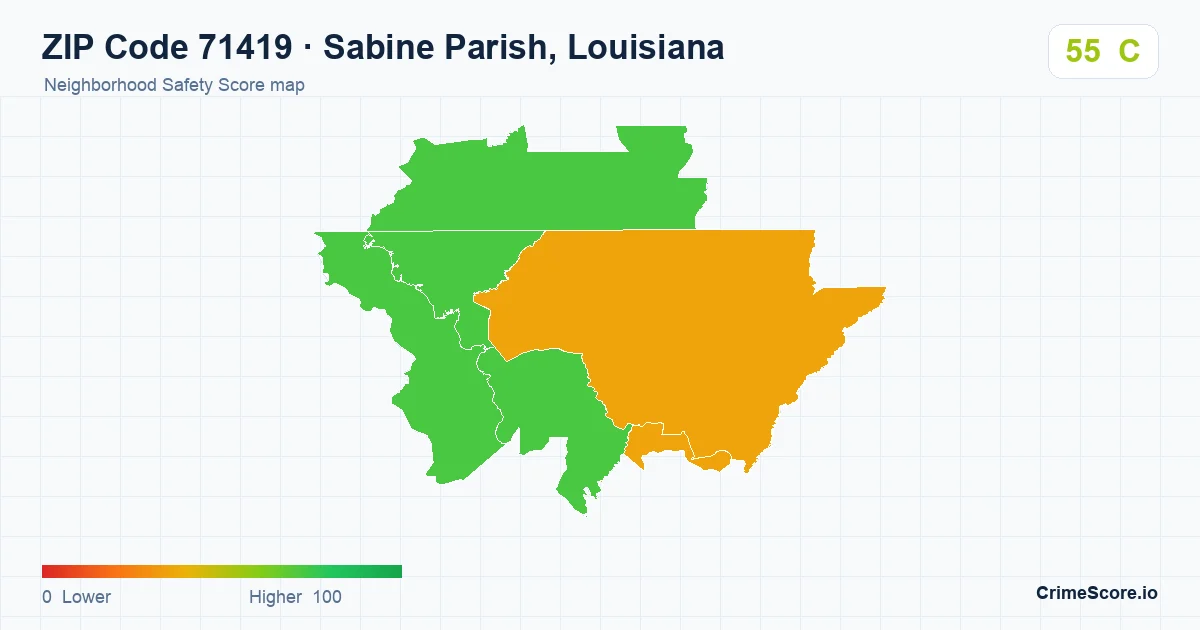 ZIP Code 71419 in Sabine Parish, Louisiana neighborhood Safety Score map