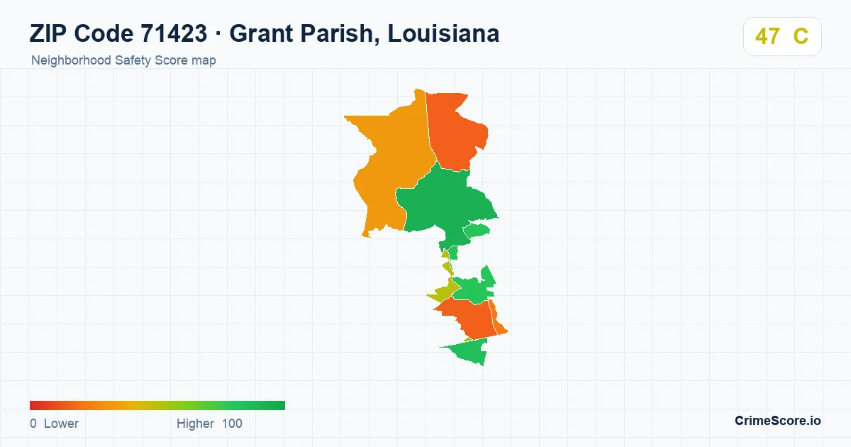ZIP Code 71423 in Grant Parish, Louisiana neighborhood Safety Score map