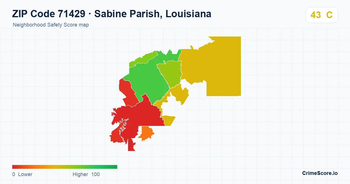 ZIP Code 71429 in Sabine Parish, Louisiana neighborhood Safety Score map