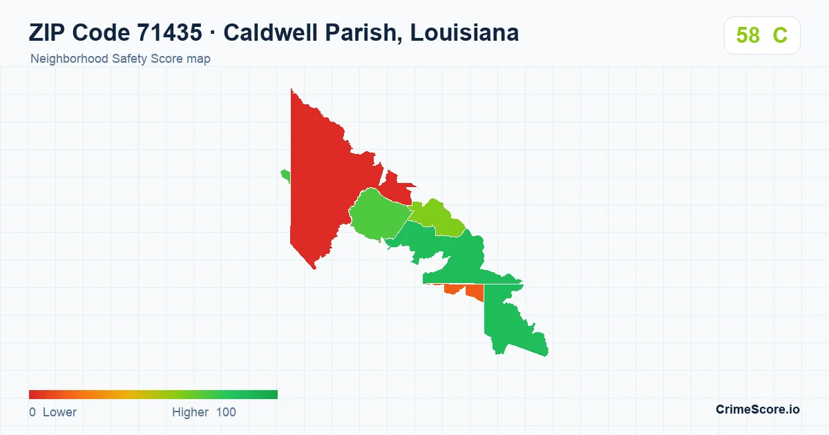 ZIP Code 71435 in Caldwell Parish, Louisiana neighborhood Safety Score map