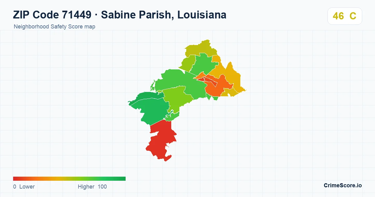 ZIP Code 71449 in Sabine Parish, Louisiana neighborhood Safety Score map