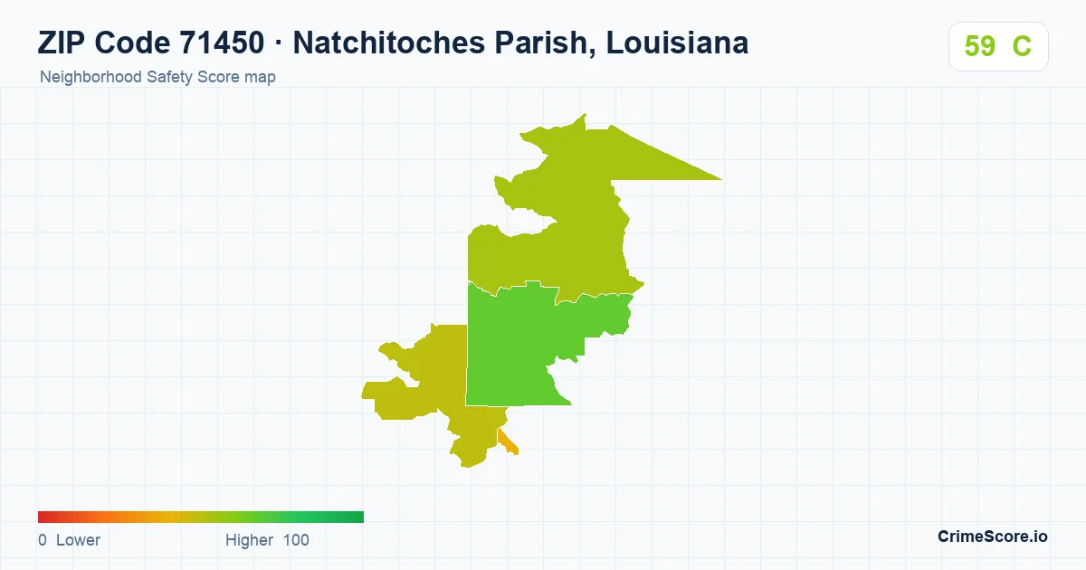 ZIP Code 71450 in Natchitoches Parish, Louisiana neighborhood Safety Score map